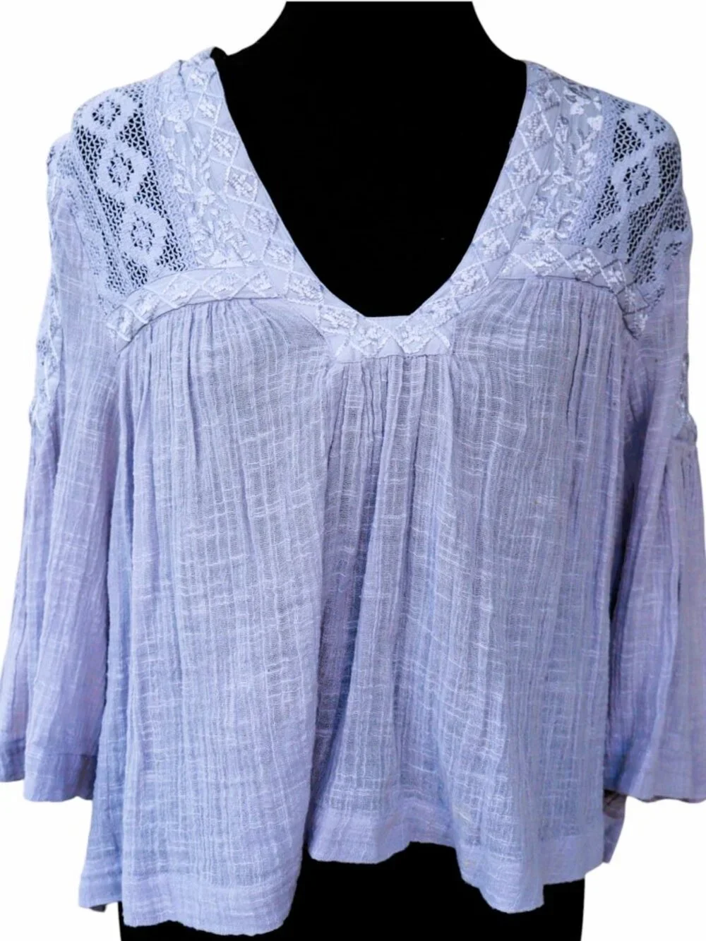 Free People Lavender Gauze Crochet Lace Boho Bell Sleeve Blouse Petite S/P